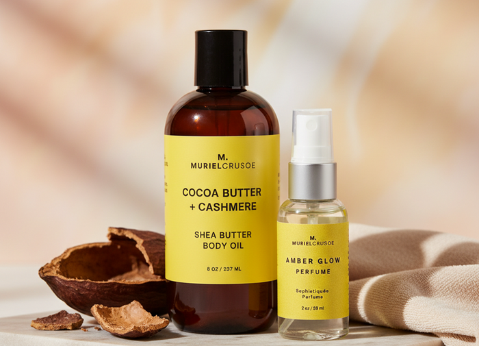 Two bottles of  Muriel Cruose skincare products on a neutral background