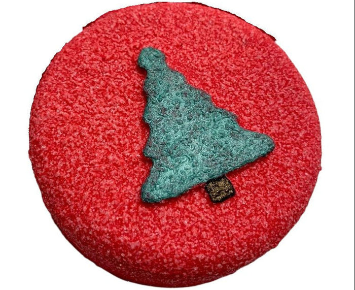 Red textured round object with a green tree-shaped figure on a white background