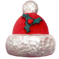 Decorative bath bomb resembling a Santa hat with red top and silver base on a white background