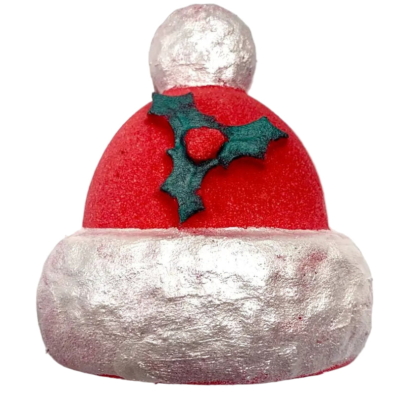 Decorative bath bomb resembling a Santa hat with red top and silver base on a white background