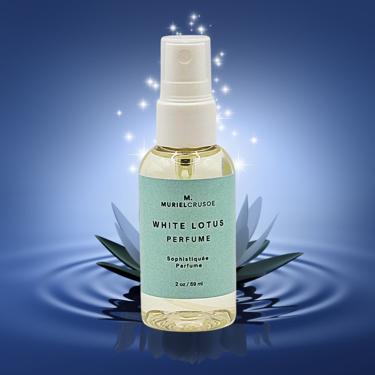 A spray bottle of WHITE LOTUS PERFUME with a label in green and blue colors, placed on a background with water droplets and blue elements, suggesting a fresh and aquatic fragrance.