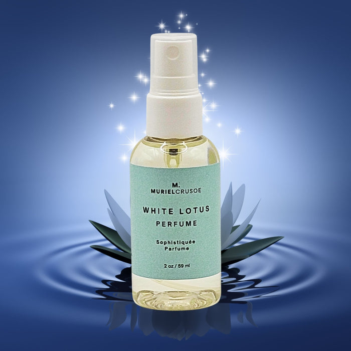 A spray bottle of WHITE LOTUS PERFUME with a label in green and blue colors, placed on a background with water droplets and blue elements, suggesting a fresh and aquatic fragrance.