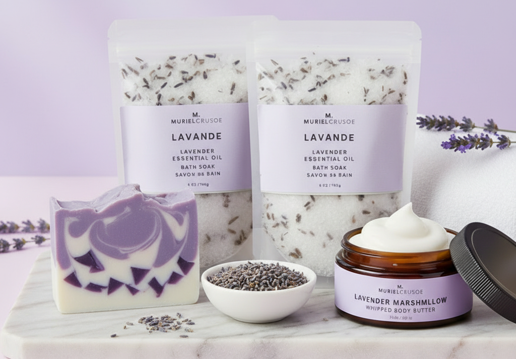 Lavender-themed skincare and bath products on a light purple background