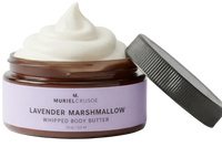 Jar of M. Muriel Crusoe Lavender Marshmallow Whipped Body Butter with a purple label.