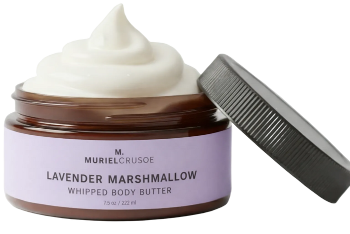 Jar of M. Muriel Crusoe Lavender Marshmallow Whipped Body Butter with a purple label.