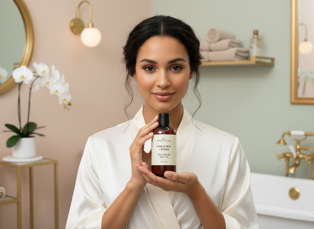 Model with full face holding Vanilla Milk and Sugar Body Oil