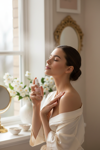 Woman applying Jasmine Sugarcane body mist