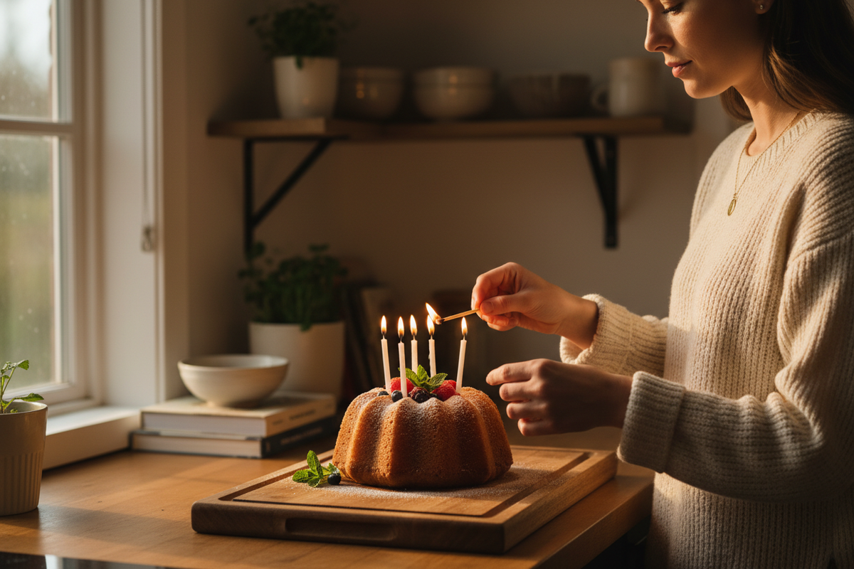 Woman lighting candles on poundcake