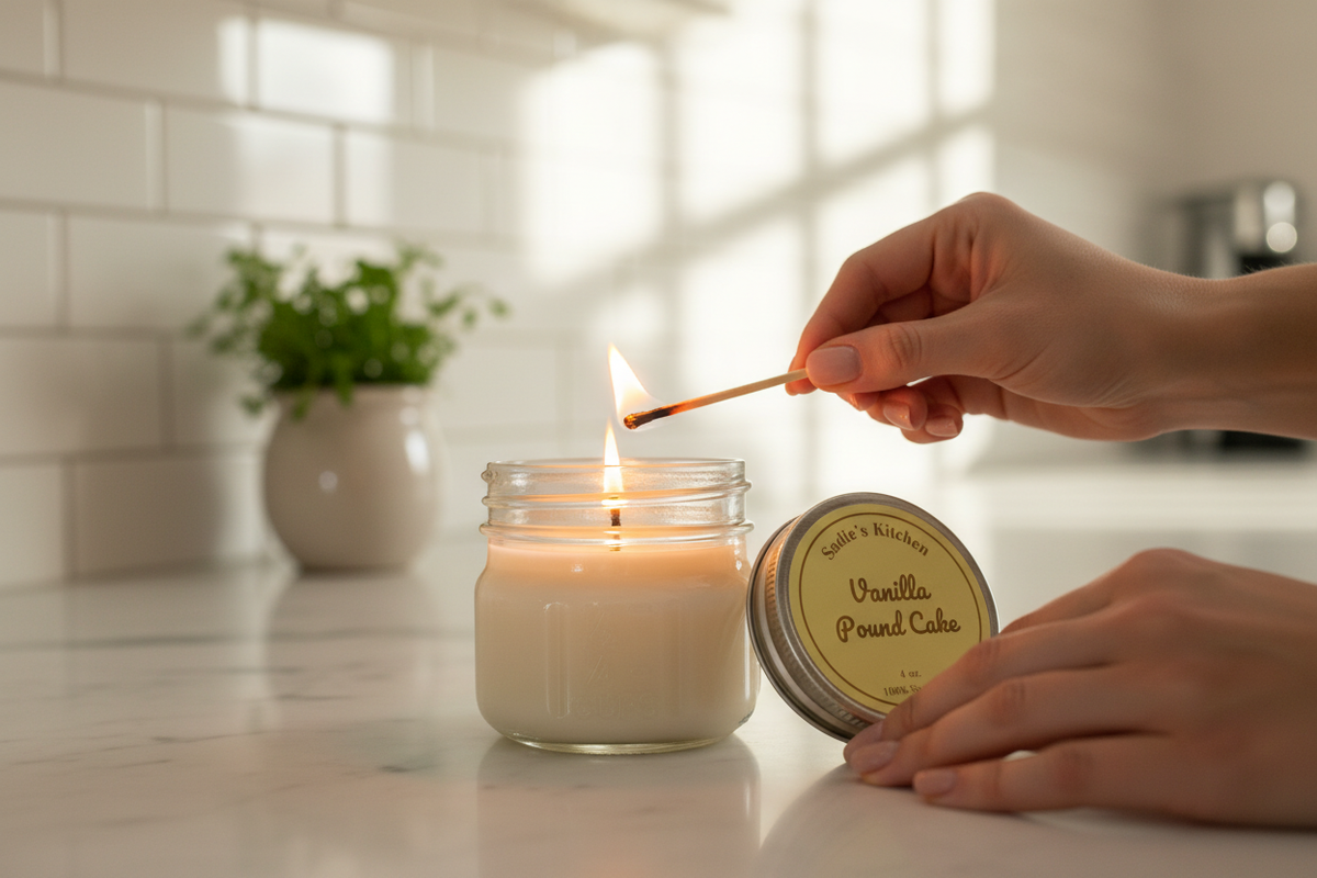 Woman lighting Vanilla Poundcake candle in kitchen