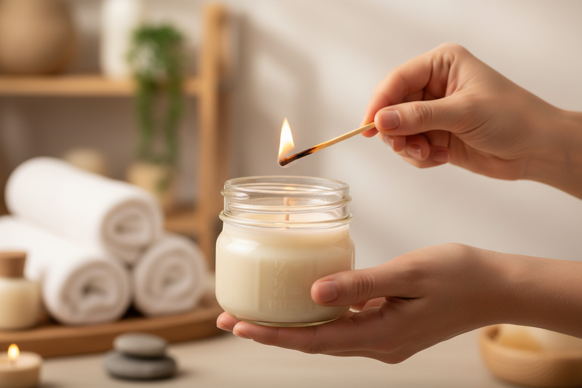 Woman lighting Vanilla Poundcake mason jar candle