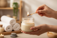 Woman lighting Vanilla Poundcake mason jar candle